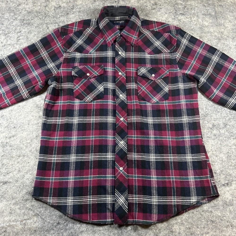 Wrangler Flannel Pearl Snap Shirt Shacket Men's Large Maroon Plaid Long Sleeve‎